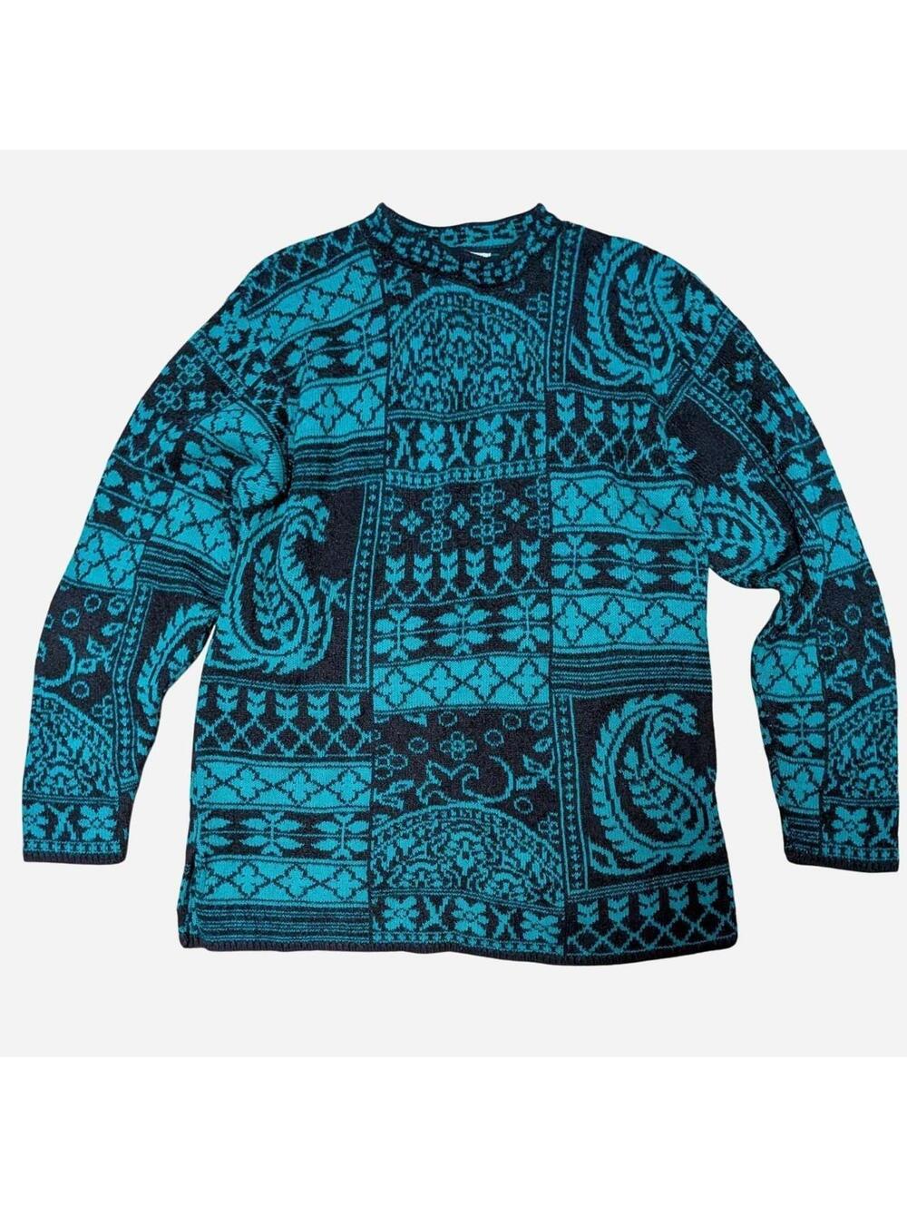 Vintage 80s Black and Green Jacquard Geometric Paisley Sweater - XL